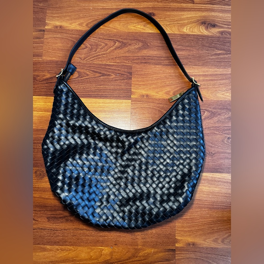 Faux Leather Black Woven Hobo Shoulder Bag